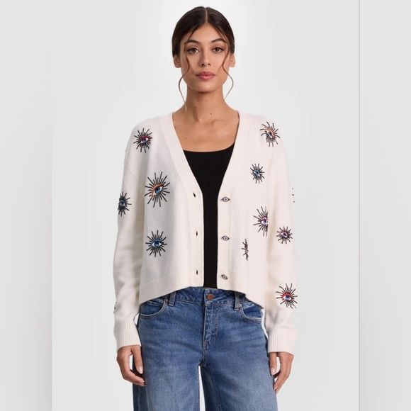 Alice + Olivia Sweaters - Alice + Olivia White Cardigan with Multicolor Embroidery BRADLEY SHORT EMBELLISH